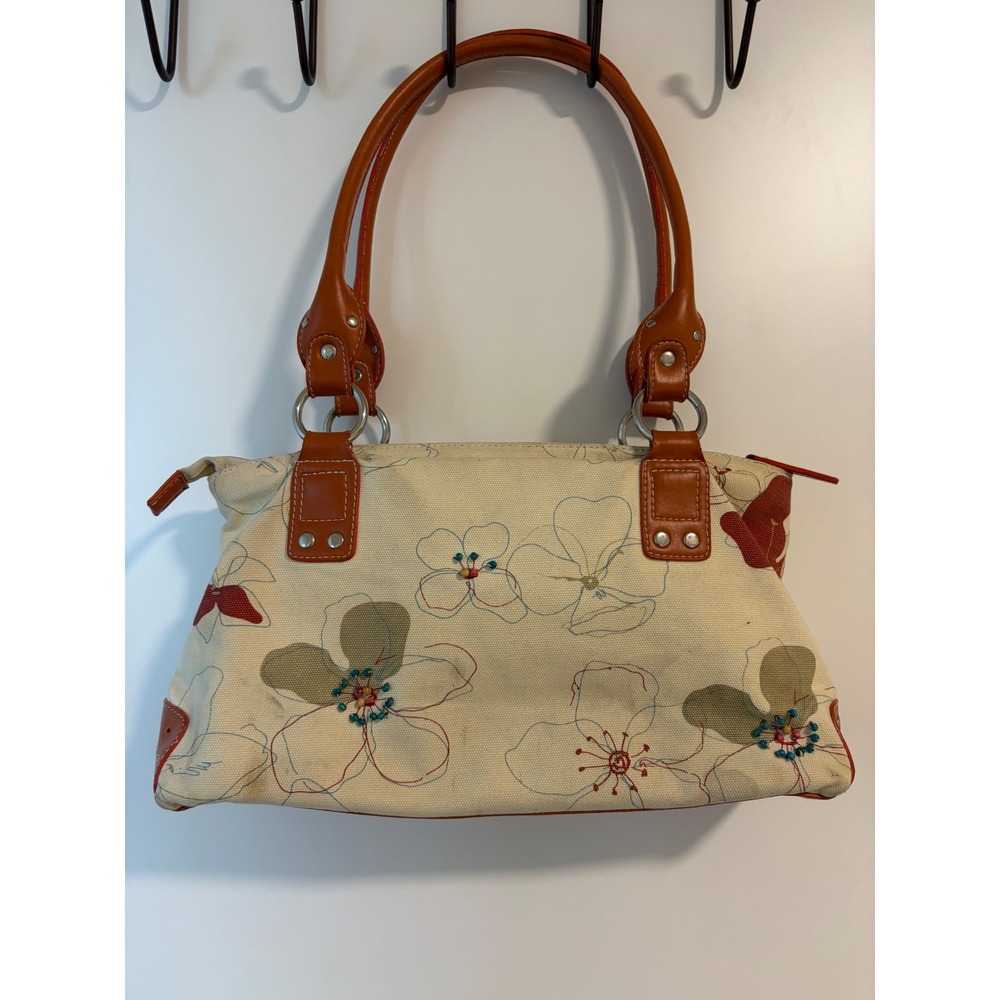 Vintage Y2K Beaded Floral Canvas Shoulder Bag Cream Orange Boho 14x9